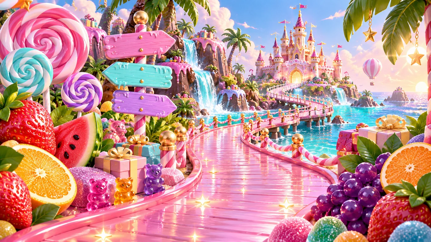 A pink candy boardwalk crossing a tropical lagoon towards a frosting-covered castle