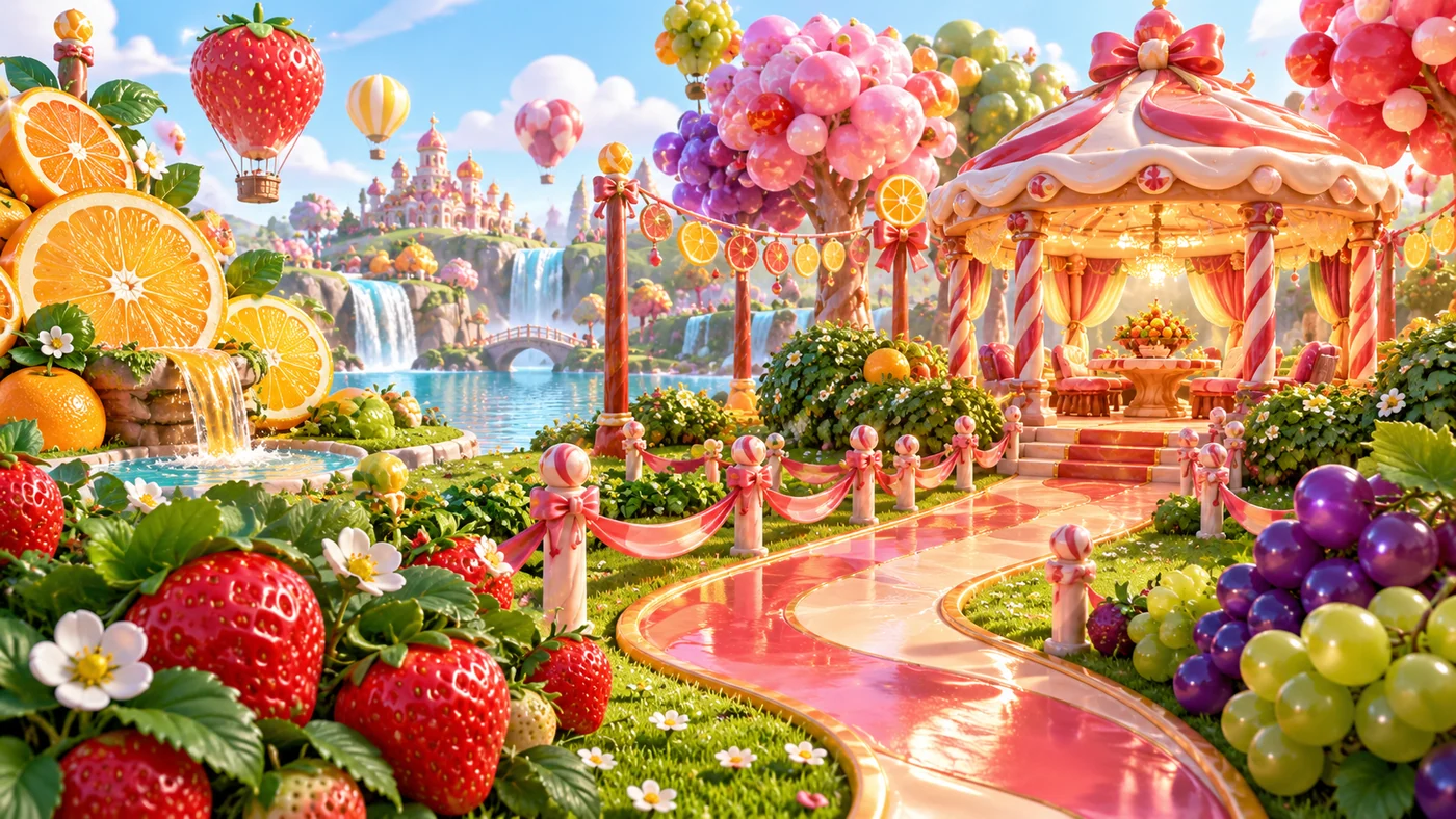 A candy pavilion beside a lake with strawberry balloons, fruit trees and citrus fountains
