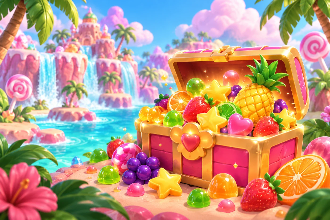 A tropical pink and gold chest filled with pineapple, citrus and star candies