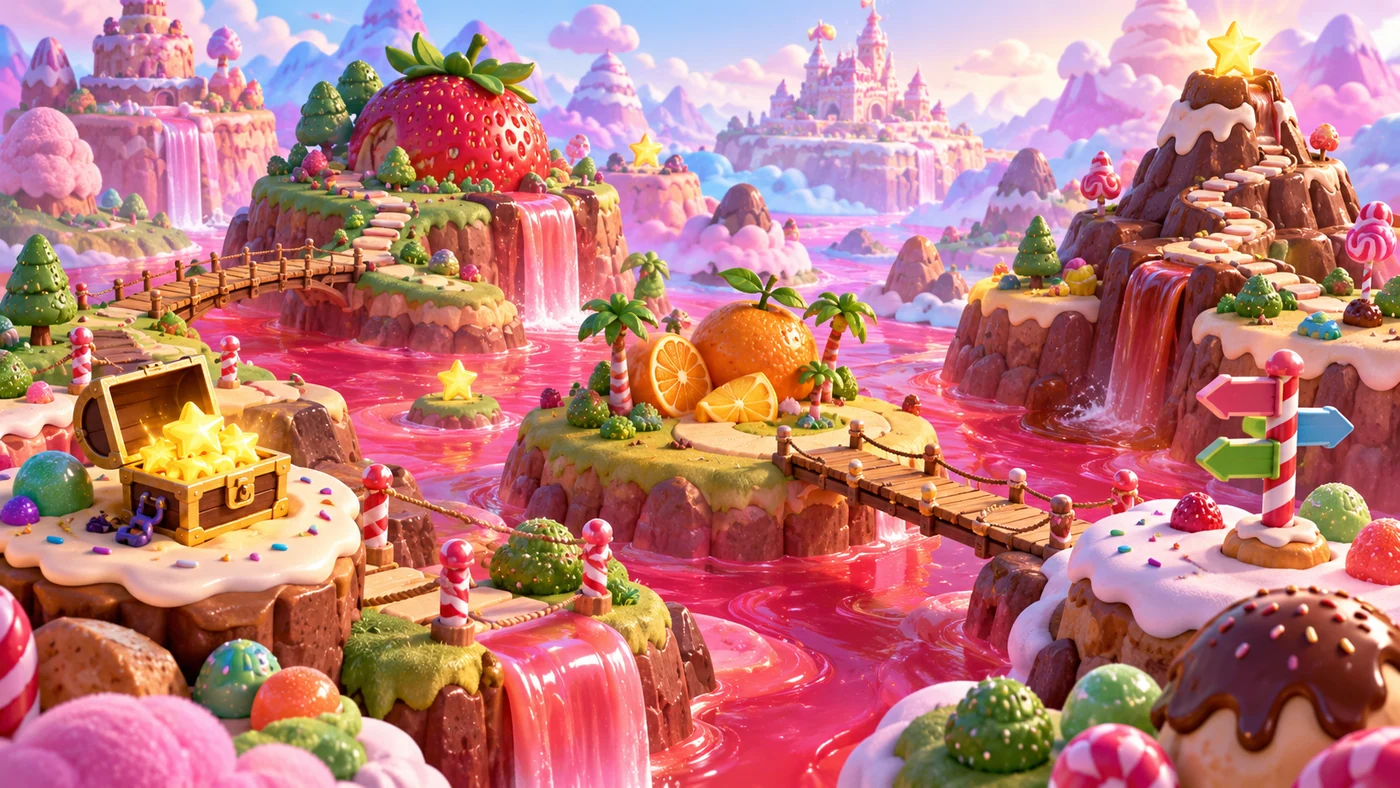 A miniature map of strawberry, orange and chocolate candy islands linked by bridges