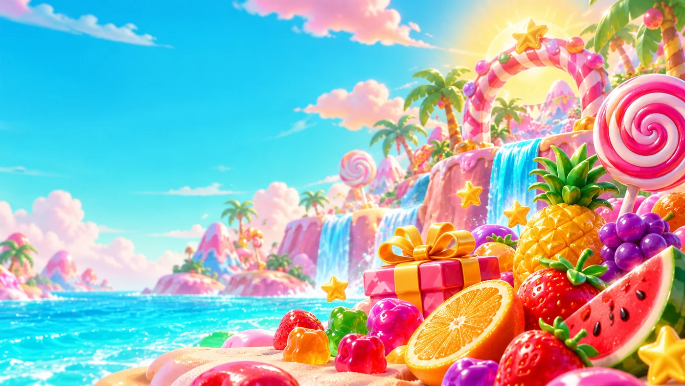 Tropical candy cliffs and a blue lagoon surrounded by fruit and a ribboned gift